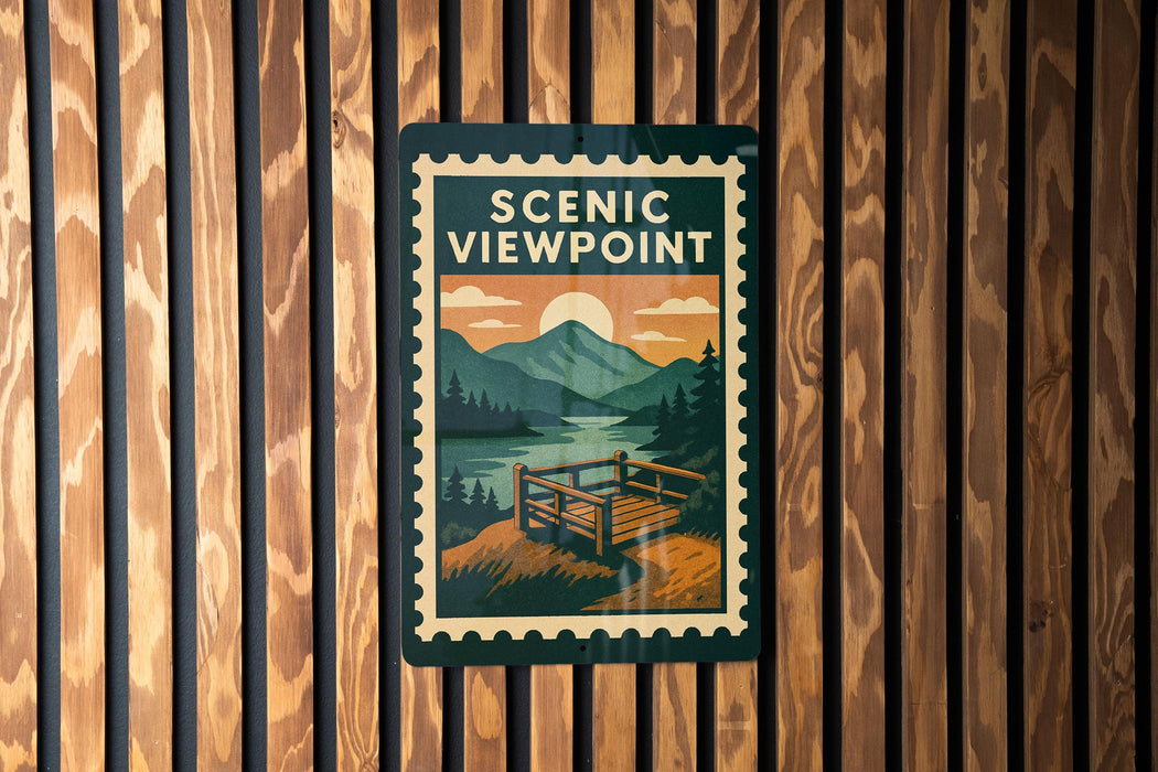 A poster with a scenic view of mountains and a bench is displayed on a wooden wall.