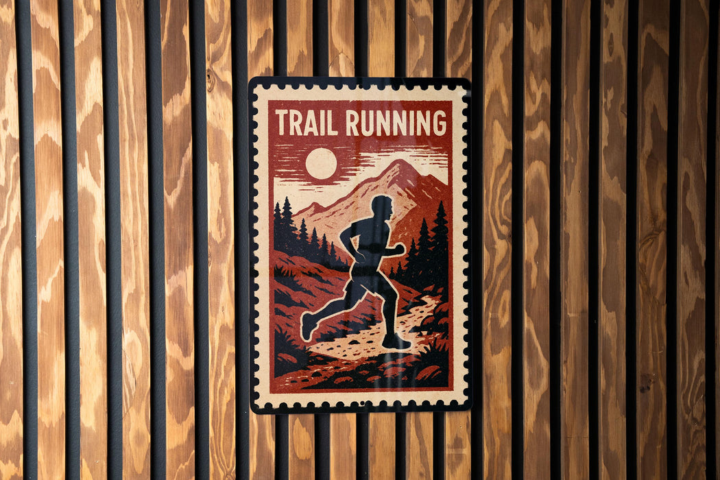 A vintage-style metal sign with the text "TRAIL RUNNING" and an illustration of a person running on a trail through a mountainous landscape.