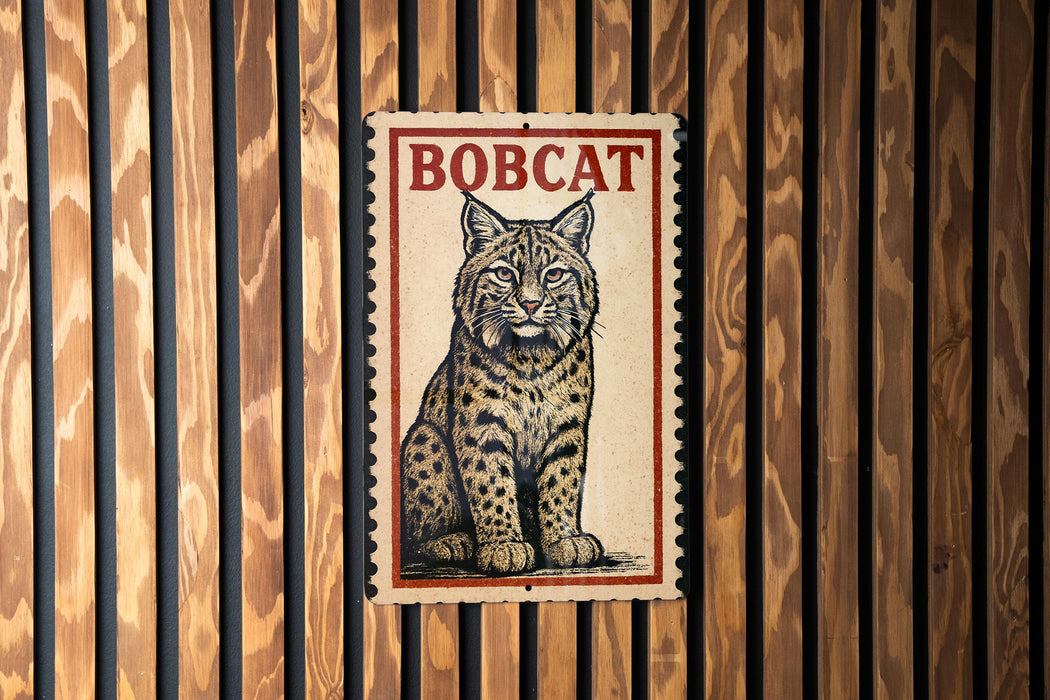 A framed image of a bobcat, a type of wild cat, is displayed on a wooden wall.