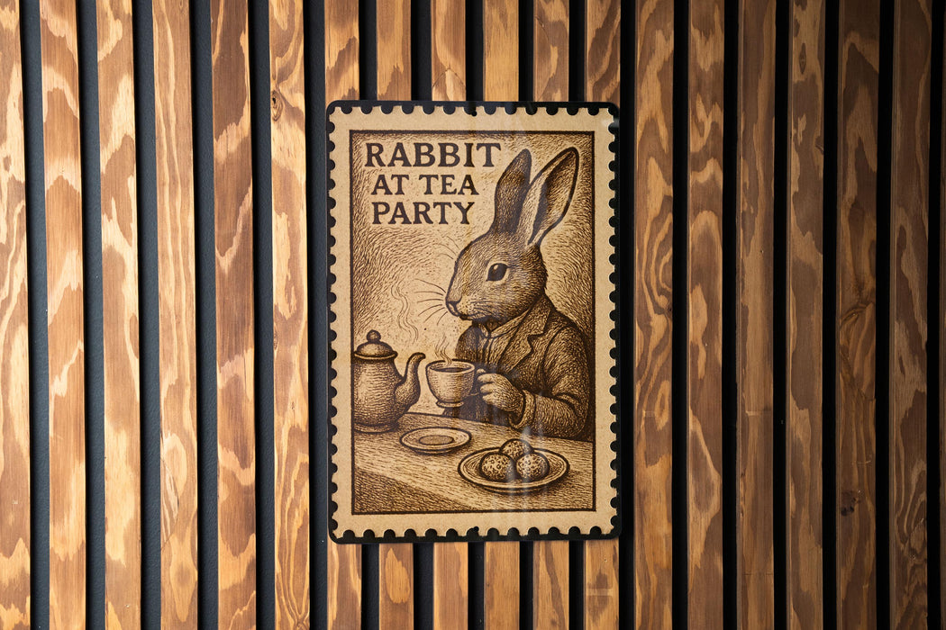 A wooden wall with a framed illustration of a rabbit sitting at a table, holding a teapot and a cup, with the text "RABBIT AT TEA PARTY" on the frame.