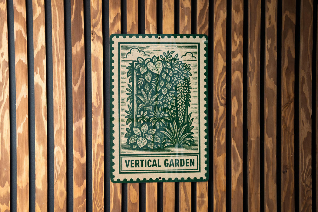 A vertical garden sign is displayed on a wooden wall.