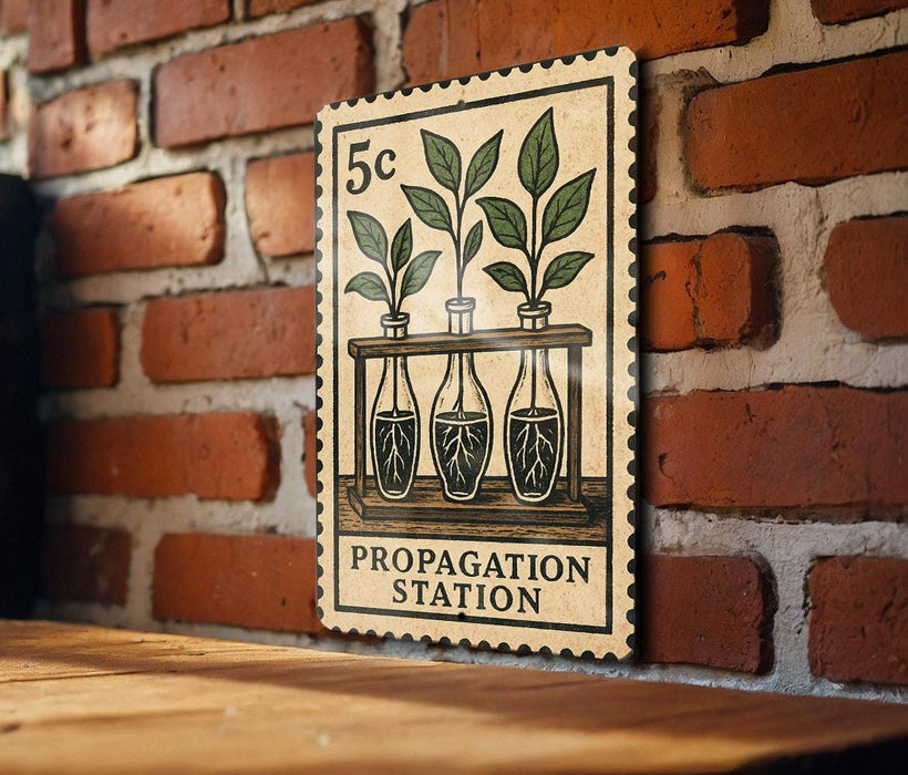 A 5c postage stamp featuring a plant illustration on a brick wall, with the text "PROPAGATION STATION" below the plant illustration.