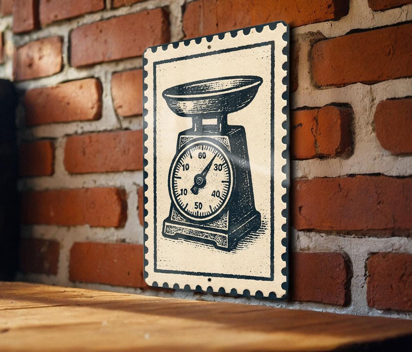 A vintage-style metal sign with an illustration of an old-fashioned scale is mounted on a brick wall.