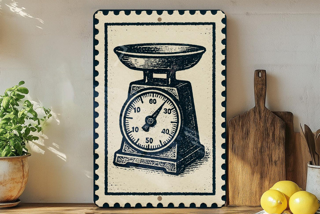A vintage-style metal sign with a black and white illustration of a kitchen scale is displayed on a wooden shelf, accompanied by a wooden cutting board and a potted plant.
