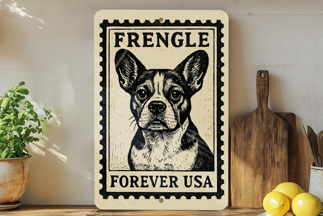a framed poster of a dog, specifically a French Bulldog, with the text "FREVER USA" printed on it. The poster is displayed on a shelf next to a wooden cutting board and some kitchen utensils.
