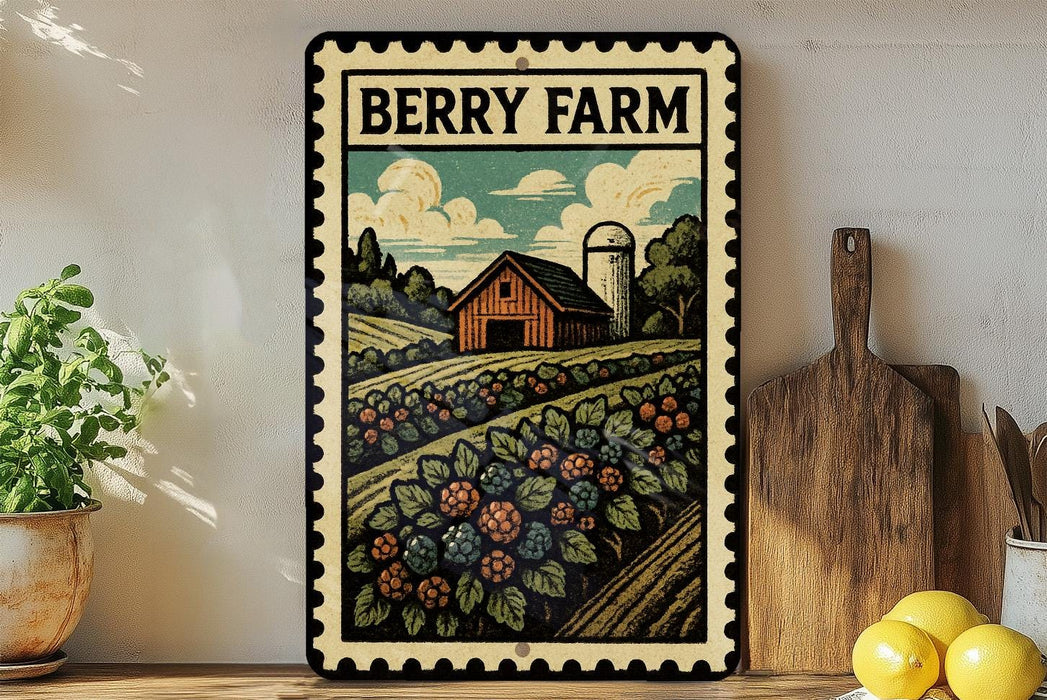 A vintage-style metal sign with a farm scene, featuring a barn, field, and flowers, is displayed on a shelf next to a wooden cutting board and a potted plant.