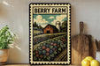 A vintage-style metal sign with a farm scene, featuring a barn, field, and flowers, is displayed on a shelf next to a wooden cutting board and a potted plant.