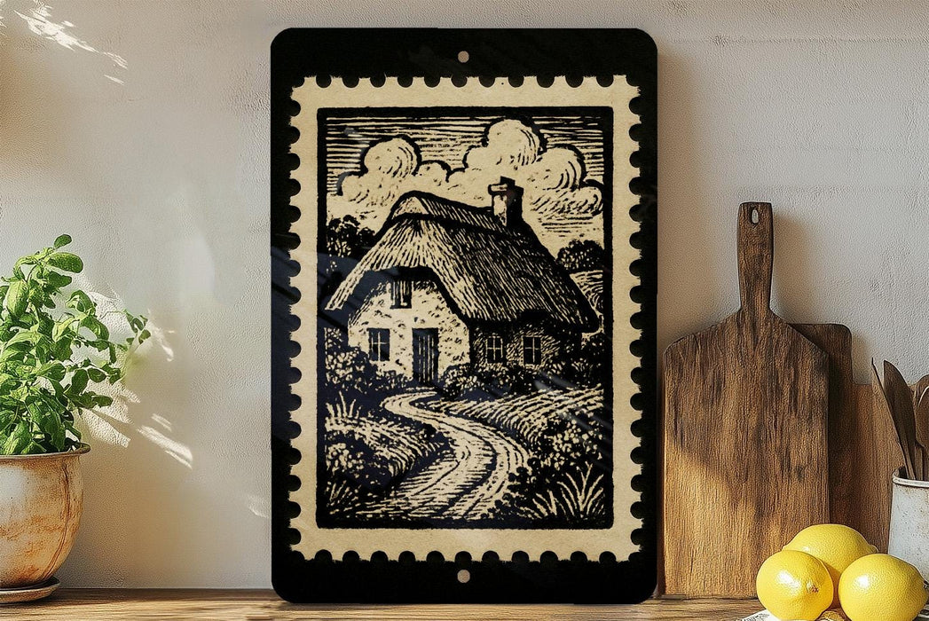 a framed illustration of a quaint cottage with a winding path, surrounded by a lush garden, on a shelf next to a wooden cutting board and a potted plant.