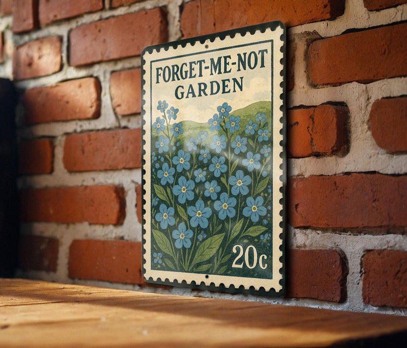 a vintage-style metal sign with a floral design, mounted on a brick wall.