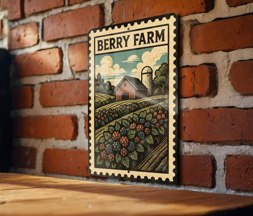 A vintage-style metal sign with a farm scene and a barn, mounted on a brick wall.