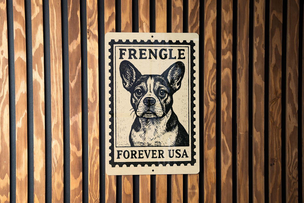 a sign with a dog's face on it, mounted on a wooden wall.