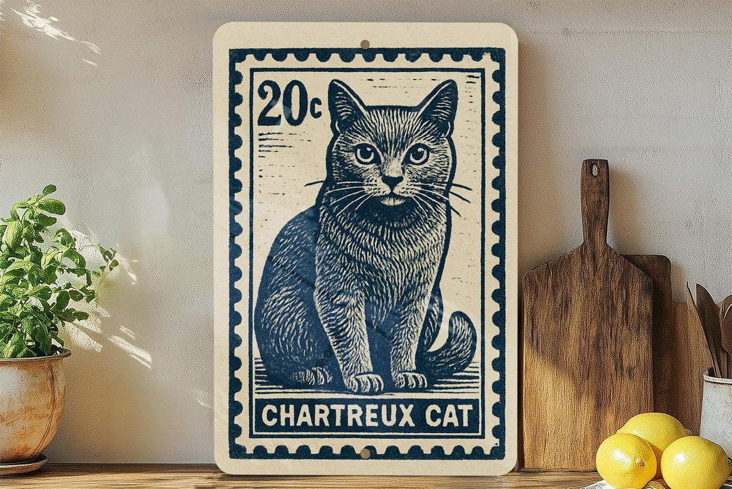 A 20c postage stamp featuring a black cat, with the word "CHARTREUX CAT" printed below it.