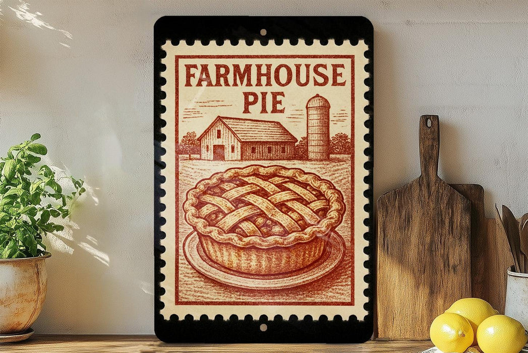 a vintage-style metal sign with a pie illustration, placed on a wooden surface next to kitchen utensils and a potted plant.
