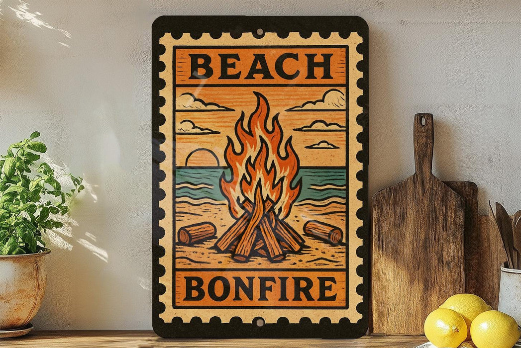 a sign that reads "BEACH BONFIRE" with a fire pit illustration, surrounded by various kitchen utensils and a potted plant.