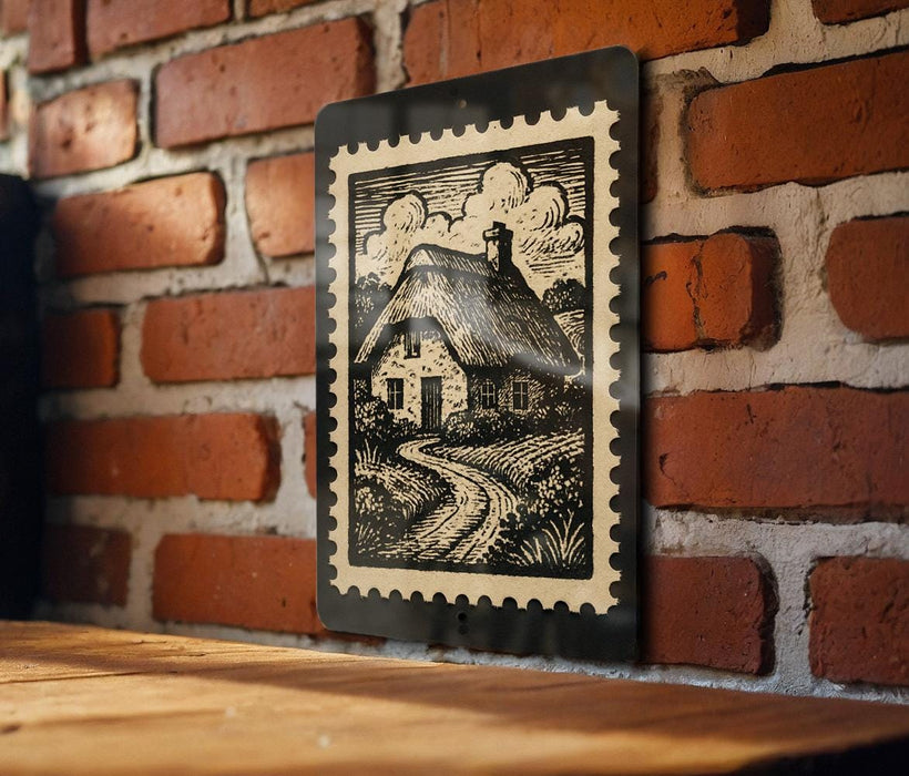 A black and white illustration of a house is mounted on a brick wall, with a wooden table below it.