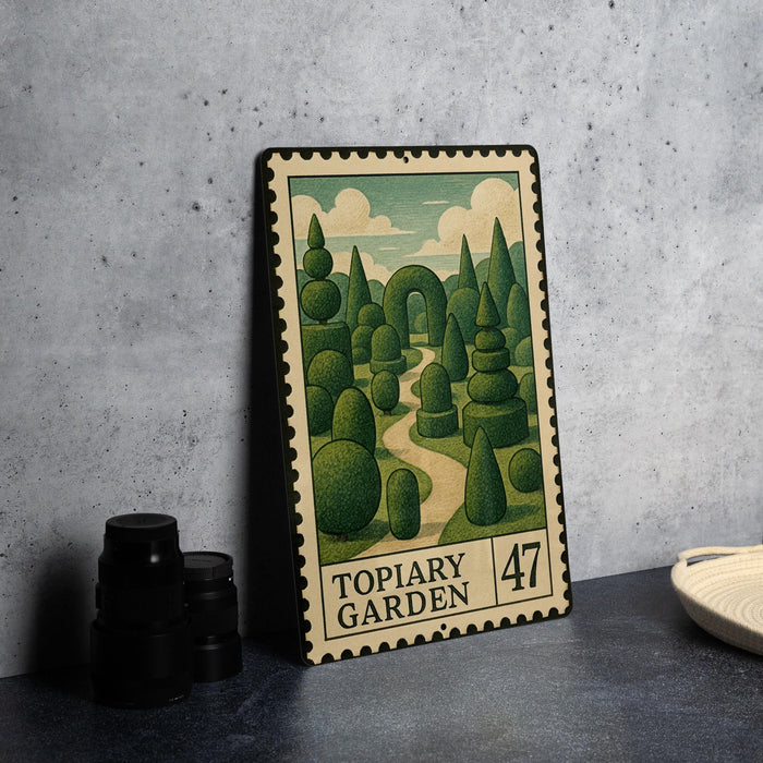 a metal stamp with a landscape design depicting a garden scene, along with the number 47.