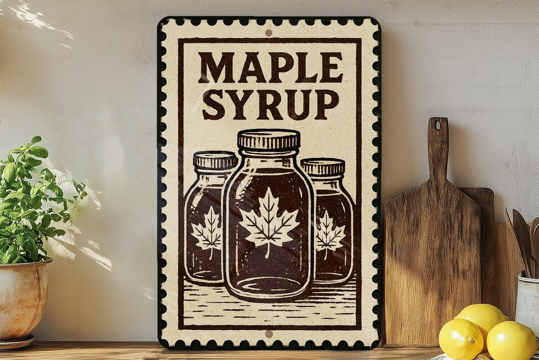 A vintage-style sign with the text "MADE IN CANADA" and illustrations of three mason jars with maple leaves, placed on a wooden surface next to a potted plant and a cutting board.