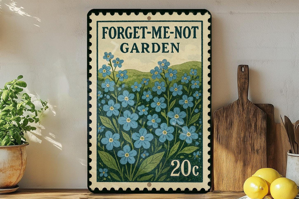 a vintage-style metal sign with a floral design, placed on a wooden surface next to a wooden cutting board and some potted plants.