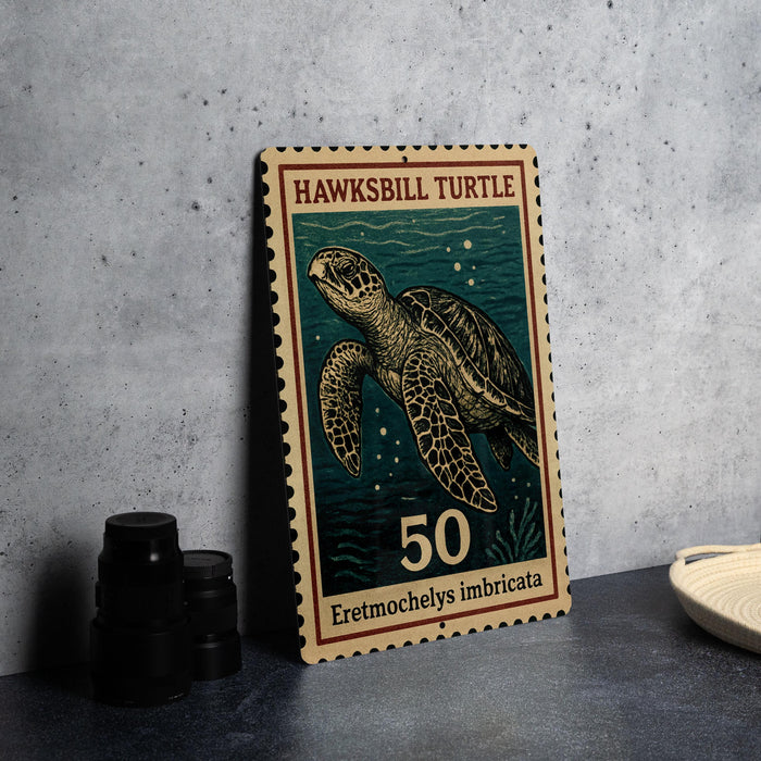 A wooden postcard featuring a hawksbill turtle, with the text "HAWKSBILL TURTLE" and "50" printed on it.