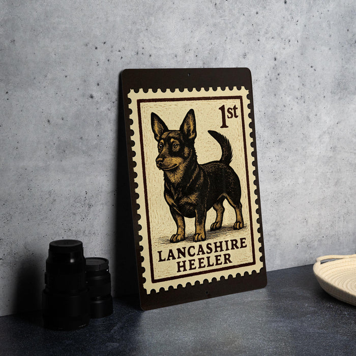 A metal sign featuring a black and white illustration of a Lancashire Heeler dog, with the text "Lancashire Heeler" printed on it.