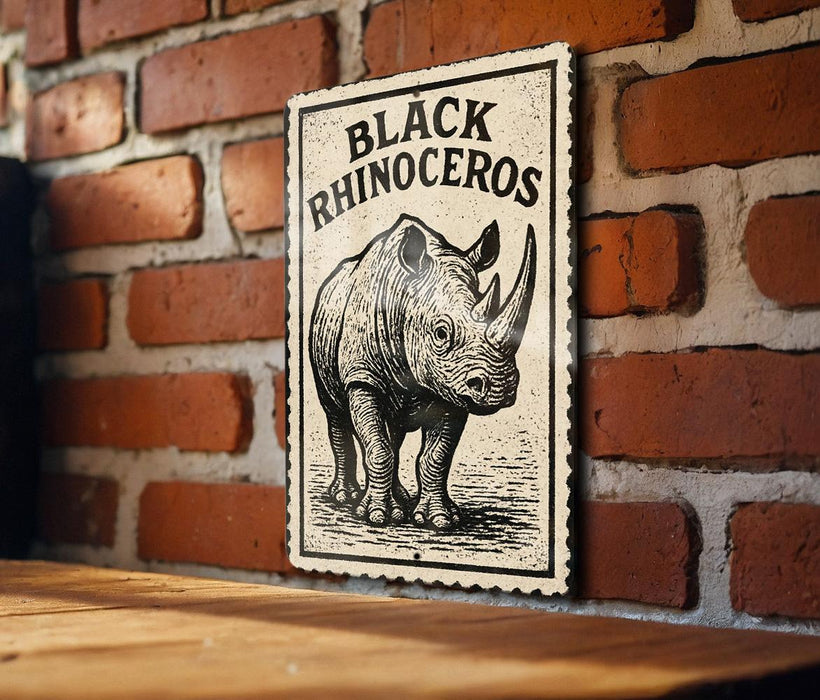 a sign with a rhinoceros illustration on it, mounted on a brick wall.