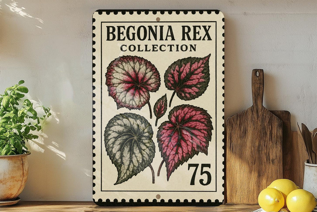 a vintage-style stamp with a floral design, placed on a wooden surface next to a potted plant and a wooden cutting board.