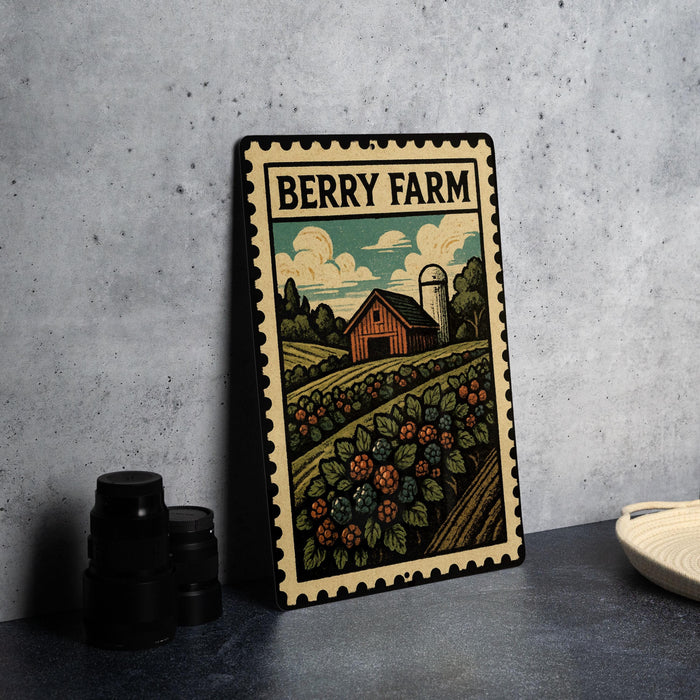 A vintage-style metal sign with a farm scene and a barn, featuring the text "BERRY FARM" prominently displayed.