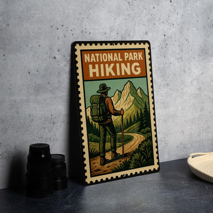 A vintage-style metal sign with a hiker illustration, advertising National Park Hiking, is displayed on a table next to some black camera lenses.