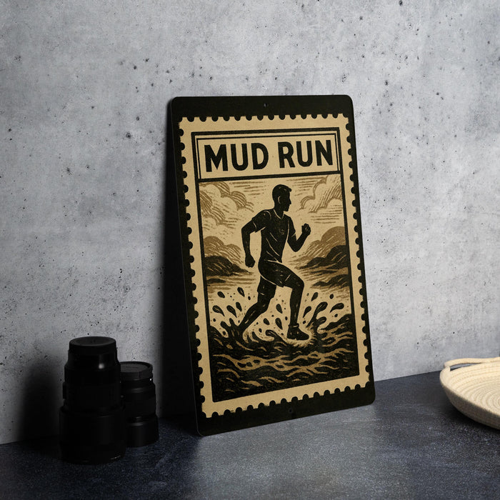 a framed poster with a silhouette of a person running, along with the text "MUD RUN" prominently displayed.
