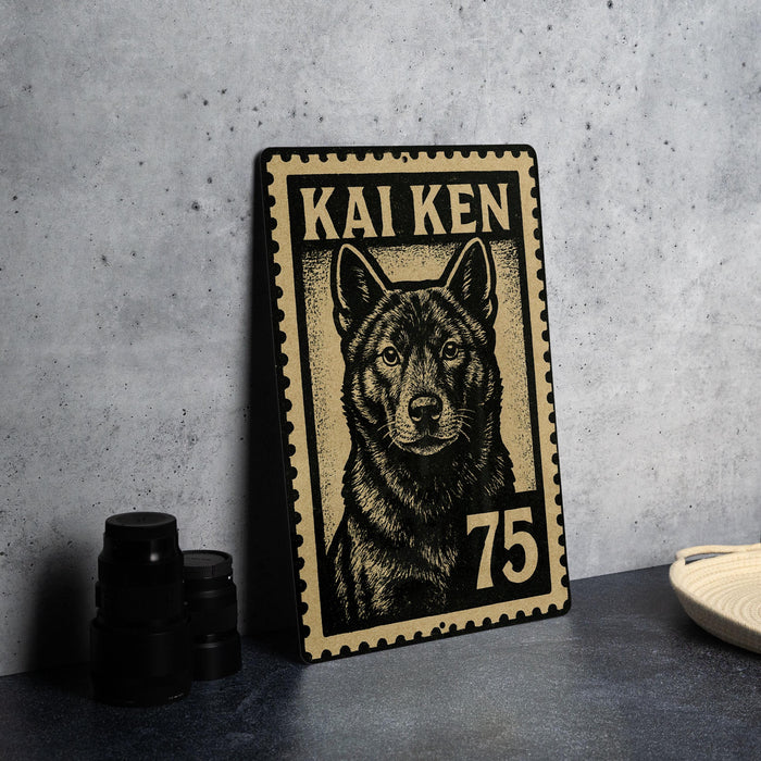 A metal stamp with a black and white illustration of a dog, along with the text "KAI KEN 75" printed on it, is displayed on a table.