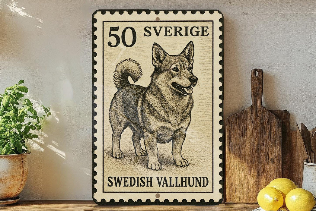 A framed Swedish Vallhund dog stamp is displayed on a shelf, with a potted plant and kitchen utensils visible in the background.