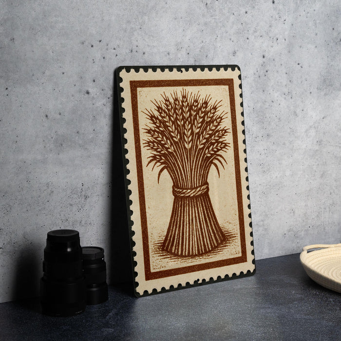 a framed illustration of a wheat stalk on a wall, with a stack of black camera lenses placed next to it.