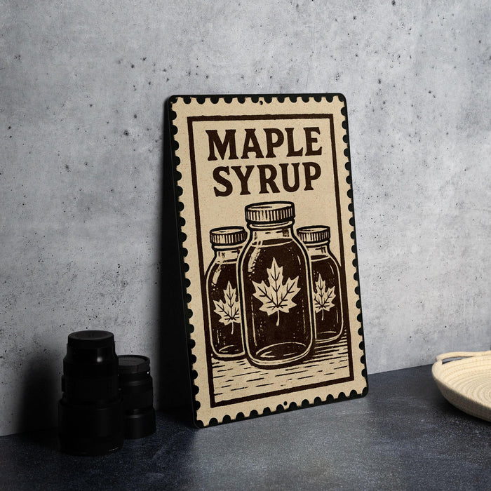 A metal sign with the text "MADE IN CANADA" and an illustration of three maple syrup bottles.