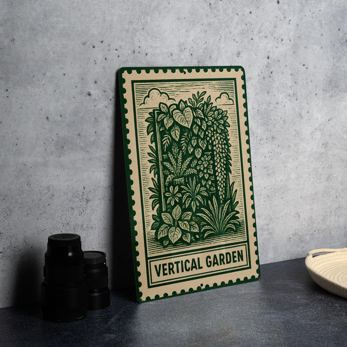 a green and beige decorative sign with a floral design, placed on a gray countertop next to a stack of black camera lenses.