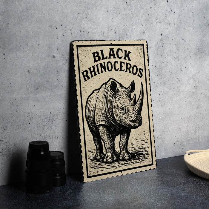 a poster or artwork of a rhinoceros, with the text "BLACK RHINOCEROS" prominently displayed.