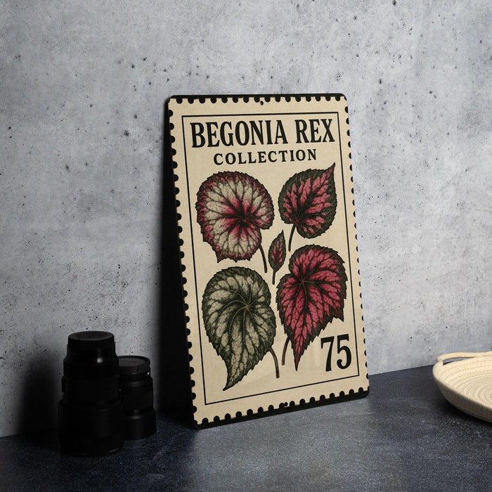 A metal stamp with a floral design and the text "Begonia Rex Collection" on it, placed on a table next to some black camera lenses.