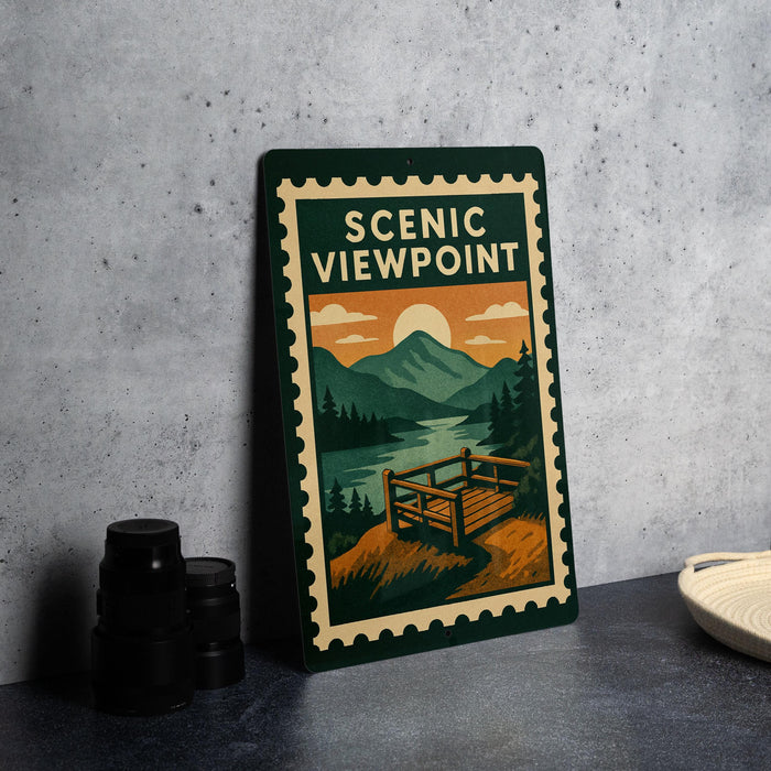 a green sign with a mountain landscape and a bench, placed on a gray countertop next to some black camera lenses.