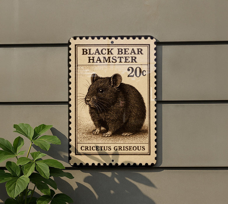 a stamp-like sign with a black bear hamster illustration, mounted on a wall next to a plant.