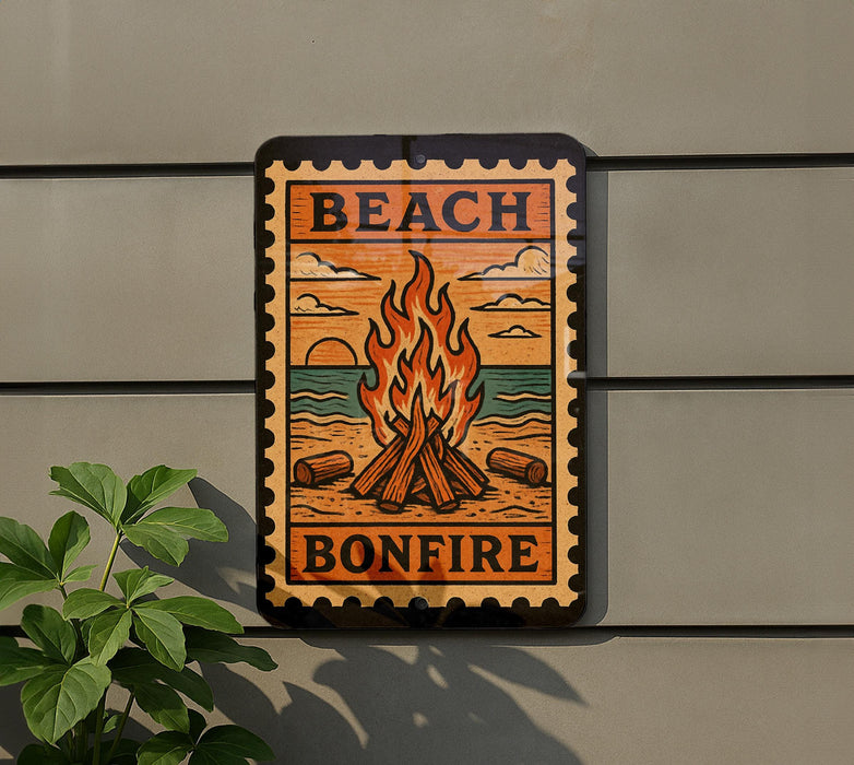 a sign that reads "BEACH BONFIRE" with a fire pit illustration on it.