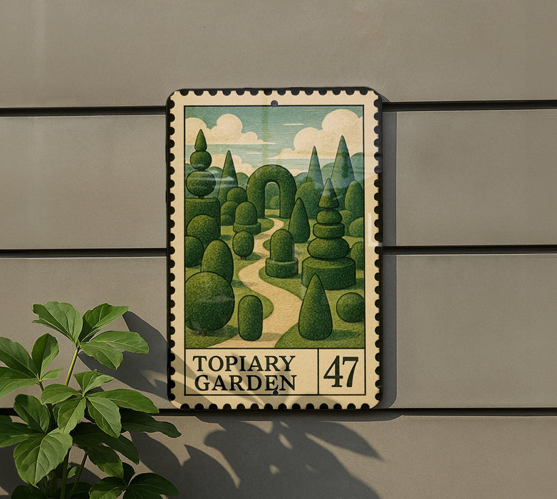 A postage stamp depicting a garden scene with a winding path and various topiary trees, mounted on a wall.