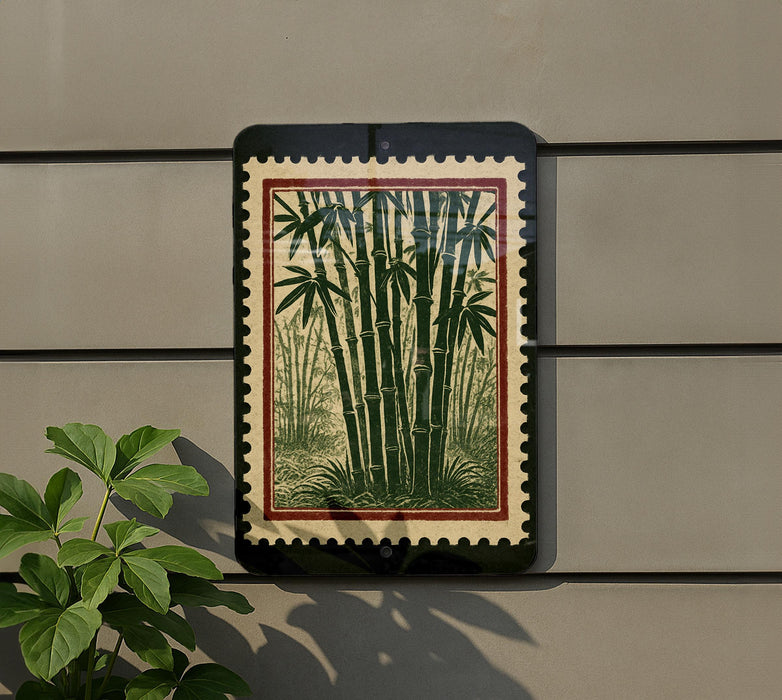 a framed print of bamboo plants hanging on a wall, with a plant to the left of the frame.