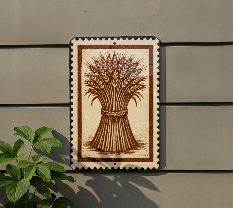 a decorative sign with a wheat stalk design, mounted on a wall next to a plant.