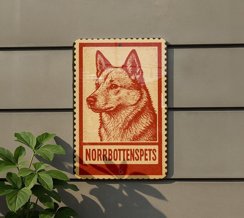 a sign with a red border and a picture of a dog, mounted on a wall.