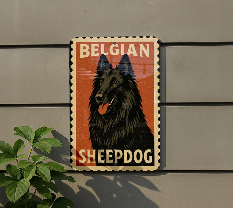 A vintage-style sign featuring a black dog with a red tongue, mounted on a gray wall next to a plant.