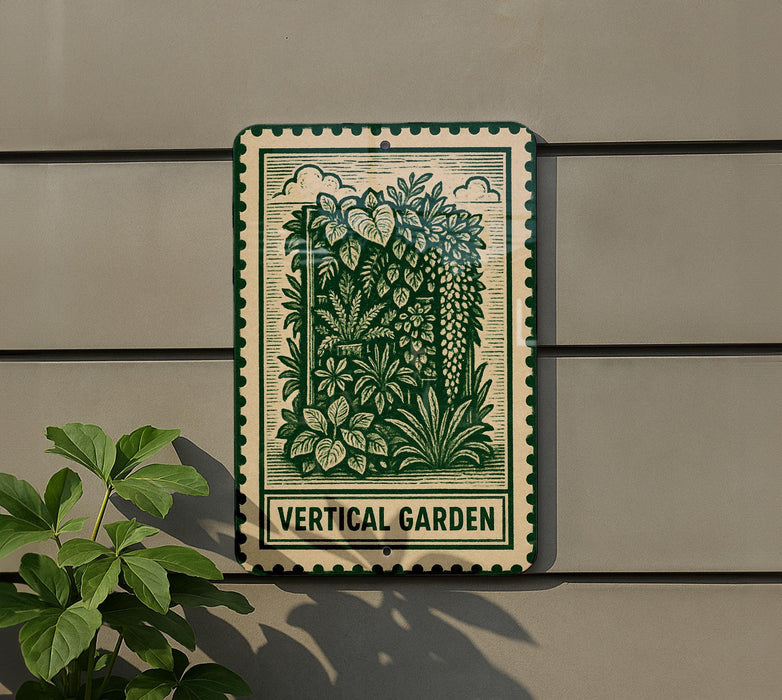 a sign for a vertical garden, with a green and white design depicting various plants and flowers.