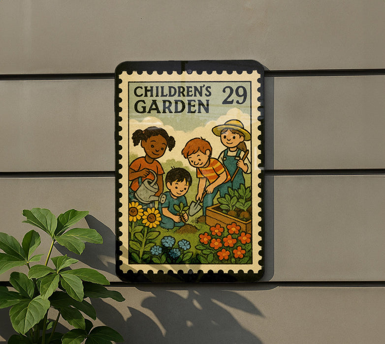 The image is a poster for "Children's Garden" featuring a group of children engaged in gardening activities.