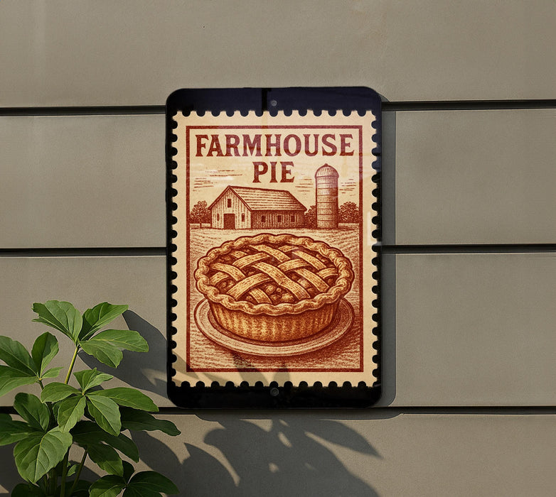 a sign with a farmhouse pie illustration, mounted on a wall next to a plant.