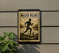 a sign with the text "MUD RUN" and an illustration of a person running through water.