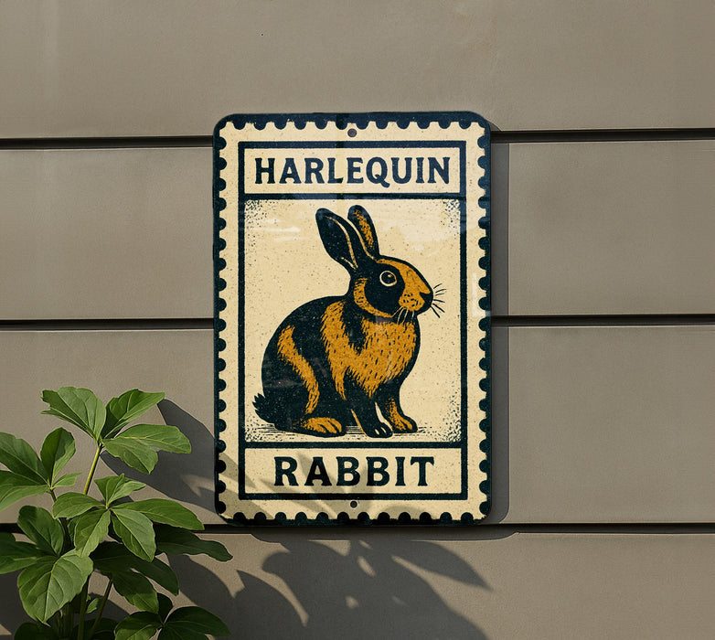 a sign with a rabbit illustration, mounted on a wall.