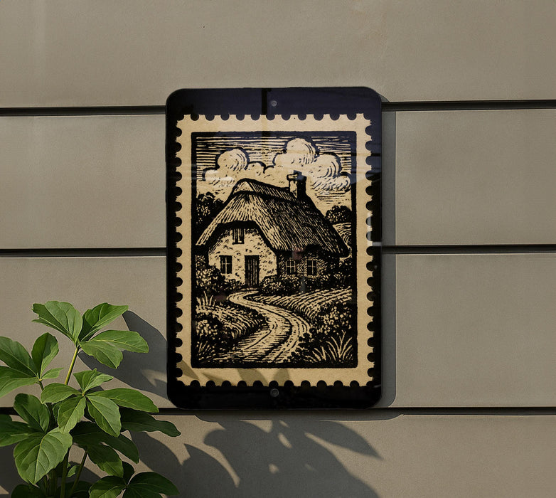 a black and white illustration of a house with a thatched roof, set against a cloudy sky, mounted on a wall.